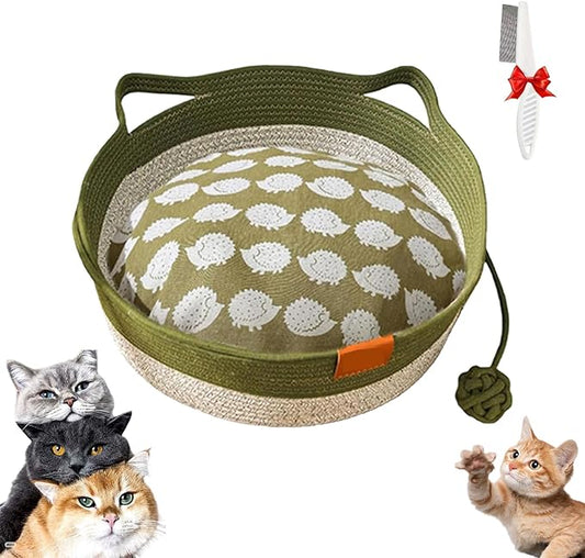 Stimulicat Cat Bed, Stimulicat Handwoven Cat Basket, Foldable Round Cotton Rope Cats Beds with Toy Tail and Built-in Scratching Pad, Scratch Resistance Easy to Clean (Green+Cushion, Small)