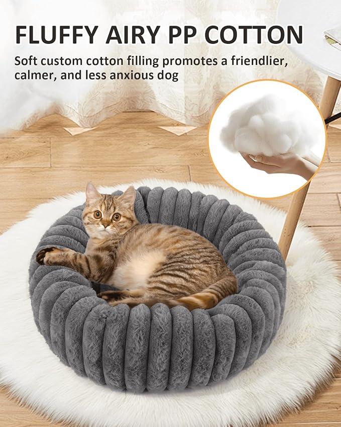 Round Cat Bed Kitten Beds, Gray Donut Small Cats Bed, Washable Super Soft Plush Faux Fur Pet Beds with Anti-Slip Bottom, 20x20x7 Inch Cat Cave Beds Calming Bed Cute Puppy Beds for Indoor