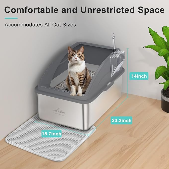 Stainless Steel Litter Box | XL Enclosed Cat Litter Boxes with Lid for Big Cats | High Sided, Anti-Urine Leakage | Non-Stick Bottom & Includes Litter Mat & Metal Scoop (Dark Gray, XX-Large)