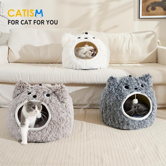CATISM Cat Bed for Indoor Cats - Cat Bed Cave Washable, Soft Plush, Removable Pillow, Non-Slip Base, Large Cave with Toy Balls for Kitty and Small Animals