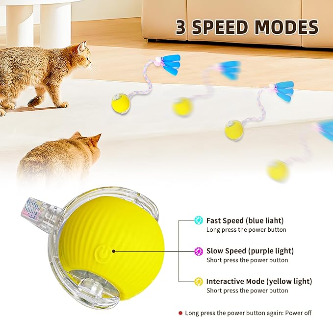 Interactive Cat Toy Ball for Indoor Cats, 2025 New Fast Self Rolling Ball Cat Toy on Carpet, Smart Interactive Automatic Cat Toy Ball for Gifts, Moving Cat Toy with Elastic Mesh Tail(Yellow)