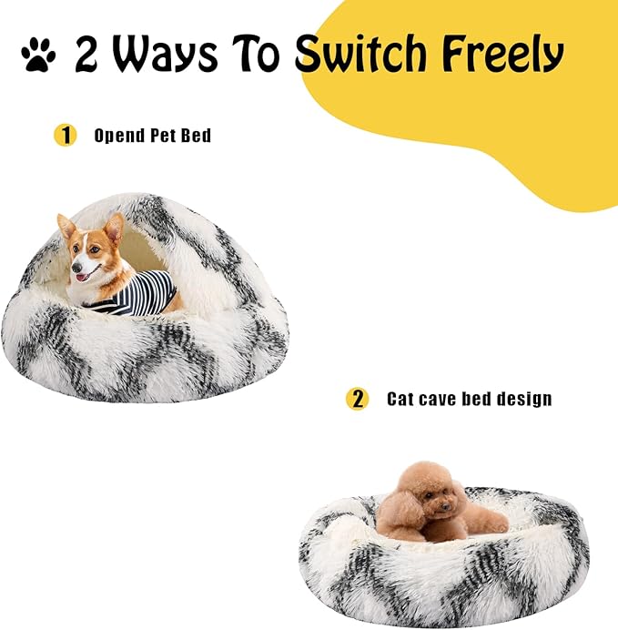 Round Hooded Cat & Dog Bed with Cover Cave, Faux Fur Cuddler, Self Warming Donut Bed (Grey White, 20" x 20")