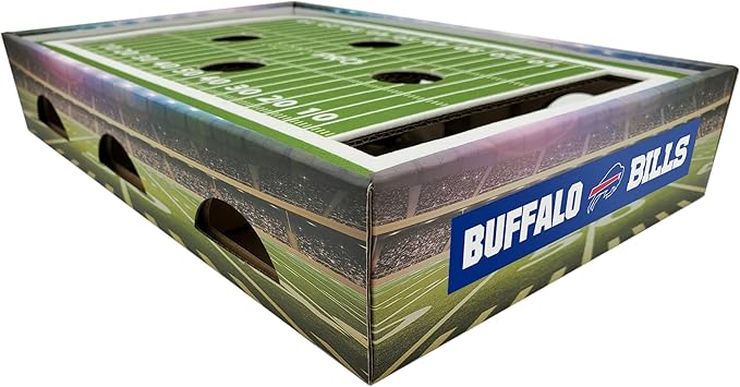 NFL Buffalo Bills Football Stadium Cat Scratcher Find & Play Cat Box. Game Day Cat Toy with 2 Cat Jingle Bell Balls. NFL Football Field Felt Cat Scratcher Play and Lounge Stimulating Cat Game