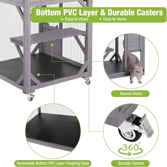 GUTINNEEN Cat House Outdoor Cage Cat Enclosure on Wheels,Large Wooden Kitty Catio with Resting Box,PVC Layer