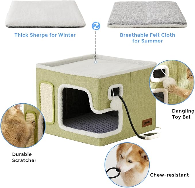 Heated Cat House for Indoor Cats - Cat Warming Bed for Winter with Fluffy Ball Hanging and Adjustable Heating Pad, Foldable Cat Hideaway,16.5x16.5x13 inches, Navy Blue