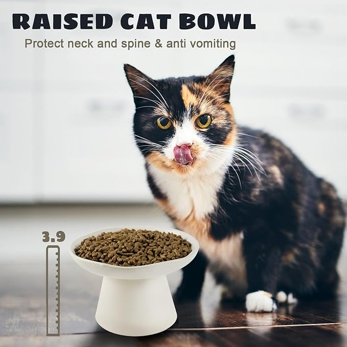 Extra Wide 6.1" Raised Cat Food Bowl, Shallow Ceramic Elevated Cat Feeder, Anti Vomiting, Stress Free, Whisker Fatigue, Pet Food or Water Bowl, White