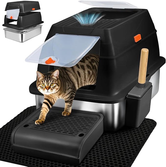 SZEE Stainless Steel Litter Box, XL Top Exit Enclosed Metal Cat Litter Box with Lid & Enclosure, Activated Charcoal Odor Control, Footboard, Trapping Mat & Scoop Included (Black)