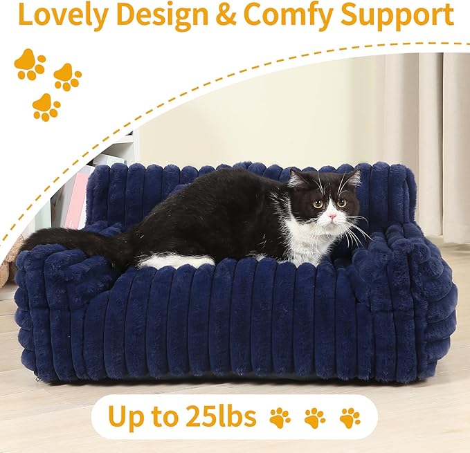 Fluffy Cat Bed, Small Dog Bed with Bone Shaped Pillow, Anti-Anxiety Pet Couch with Washable Cover, Blue