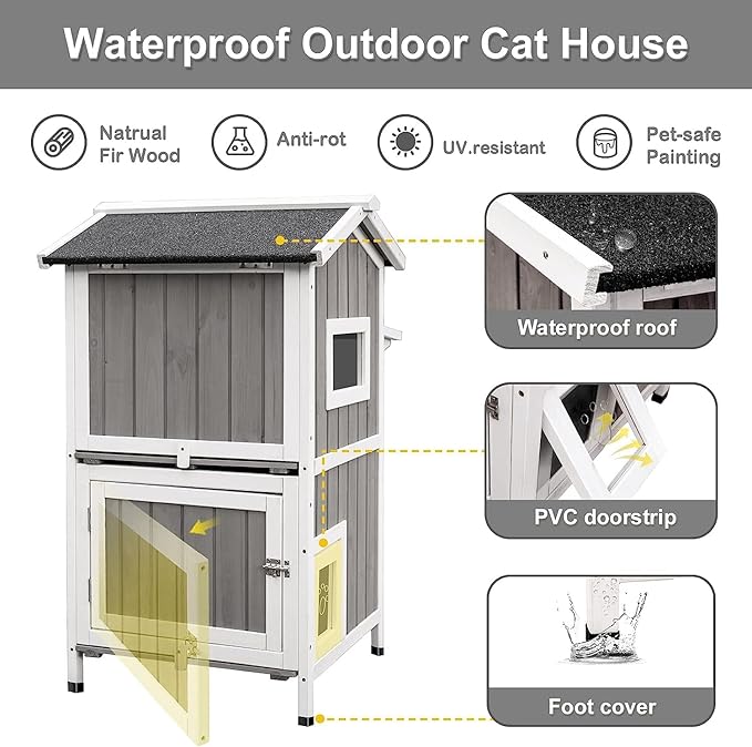 Outdoor Cat Shelter Weatherproof, Two Story Wooden Outside Feral Cat House with Openable Roof, Escape Door