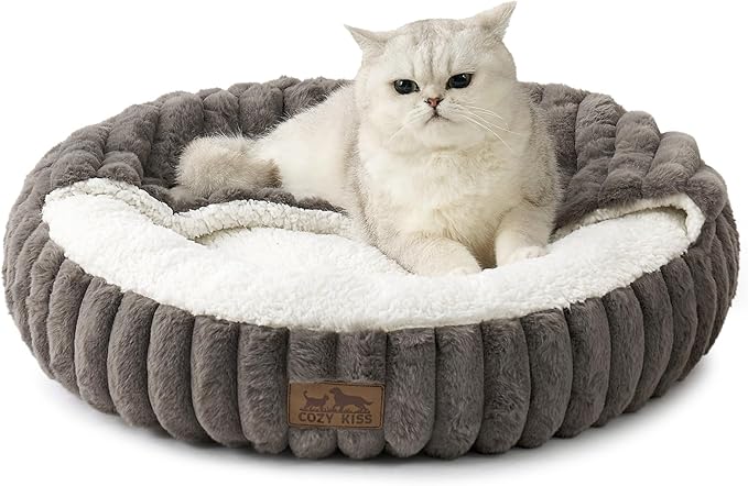 Cat Bed with Hooded Blanket, Round Fluffy Anti-Anxiety Pet Bed for Cats/Small Dogs, Cozy Donut Cuddler with Machine Washable Faux Fur & Anti-Slip Bottom(23"×23"×6",Grey)