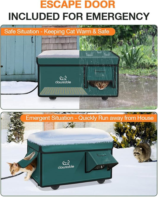 Indestructible Heated Cat House for Outside Cats Winter, 100% Weatherproof, Safe Escape Door, Insulated Outdoor Cat Shelter with Heater for Feral Barn Cat Kitty (Forest Green, 12"x16"x14")