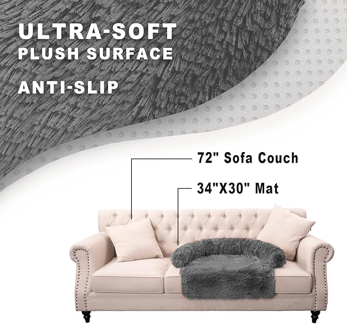 Calming Dogs/Cats Bed Mats, Dog Pad Washable Removable Couch Cover, Plush Long Fur Mat for Pets, Waterproof Lining, Perfect for Small, Medium and Large Dogs and Cats (Dark Gray, 34"x30")