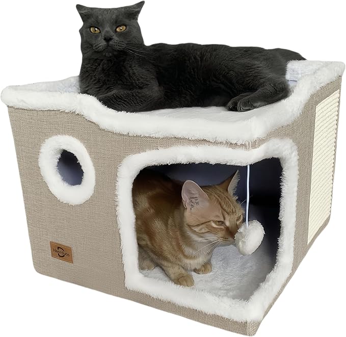 Cat Bed for Indoor Cats,Covered Cat Cave House & Furniture with Scratch Pad,Foldable Cat Hideaway Hut Cute Cat Condo with Soft Washable Mat for Multi Small Pet Under 30 lbs,Khaki