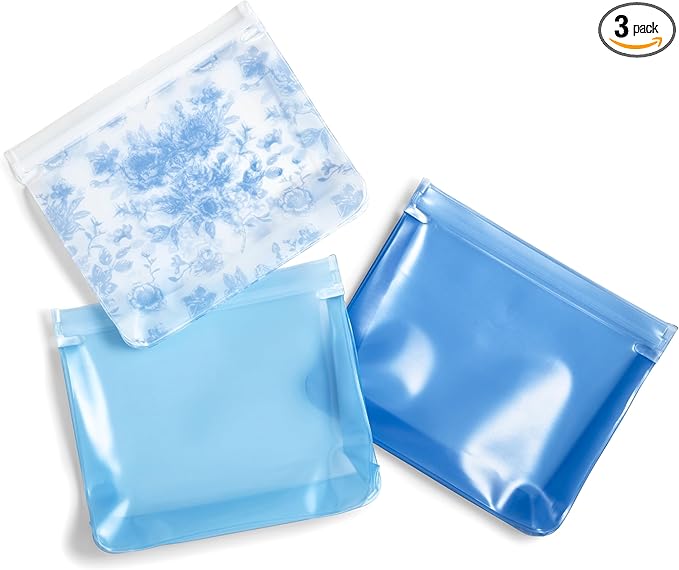 Fit & Fresh Reusable PEVA Storage Bags 3 Pack, Reusable Food Storage Bags, LeakProof, Durable, Sandwich Bags, Freezer Safe, Hand Wash, Easy to Clean, Eco-Friendly, Blue Floral Toile