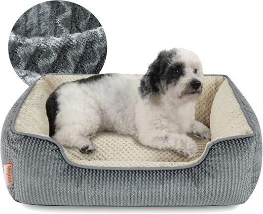 Miguel Medium Small Dog Bed with Washable Removable Cover - Rectangle Pet Bed for Indoor Cats with Bolster Soft Cuddle Bed for Puppies with Supportive Side Wall Slip-Resistant Bottom, Gray 25 Inches