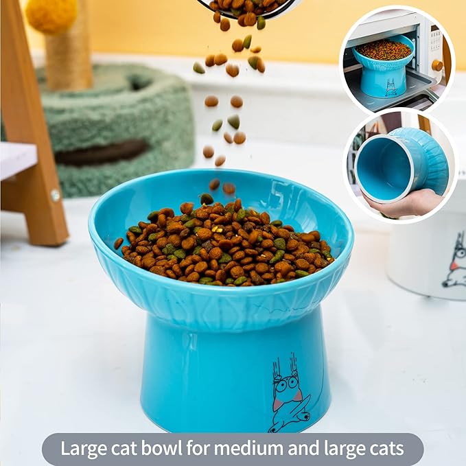 OMAYKEY 6.5 Inch Extra Wide Ceramic Raised Cat Bowls, Porcelain Tilted Elevated Cat Food Water Bowl Dish, Stress Free Pet Feeder Bowls Dishes for Elder Big Cats & Small Dogs, White & Blue