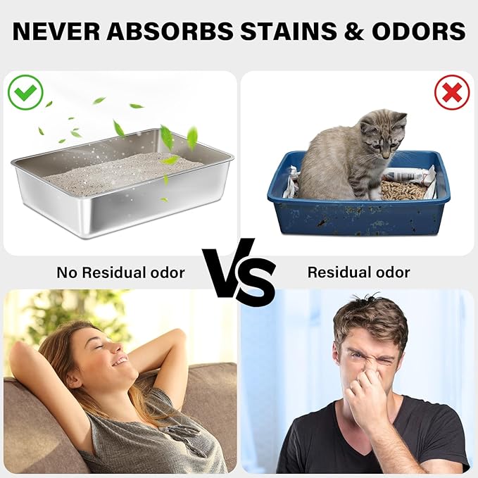 Stainless Steel Litter Box 2 Pack, XLarge Metal Litter Box for Cat, Easy Clean Non Stick Easy Entry No Smell Metal Litterbox for Kitty/Cats
