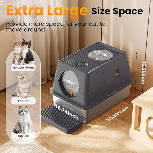 Stainless Steel Litter Box with Lid, 135° Flip-Top Extra Large Cat Litter Pan, Enclosed Metal Litter Box with Litter Scoop & Filter Pedal, Odor Free, Front & Top Dual Entry
