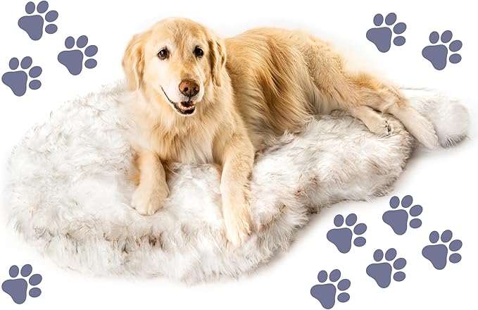 PupRug Orthopedic Dog Bed for Large Dogs with Fluffy Soft Faux Fur and Memory Foam for Joint Pain Relief, Machine Washable and Waterproof Couch Bed, White with Brown Accents, Medium