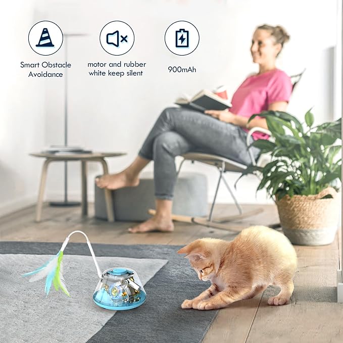 Automatic Cat Toy Interactive Cat Toys for Indoor Cats with 3 Removable Feathers & 3 Speed Play Modes,USB Rechargeable Smart Excercise Toy for for Multi-cat Family Adult Bored Kittens