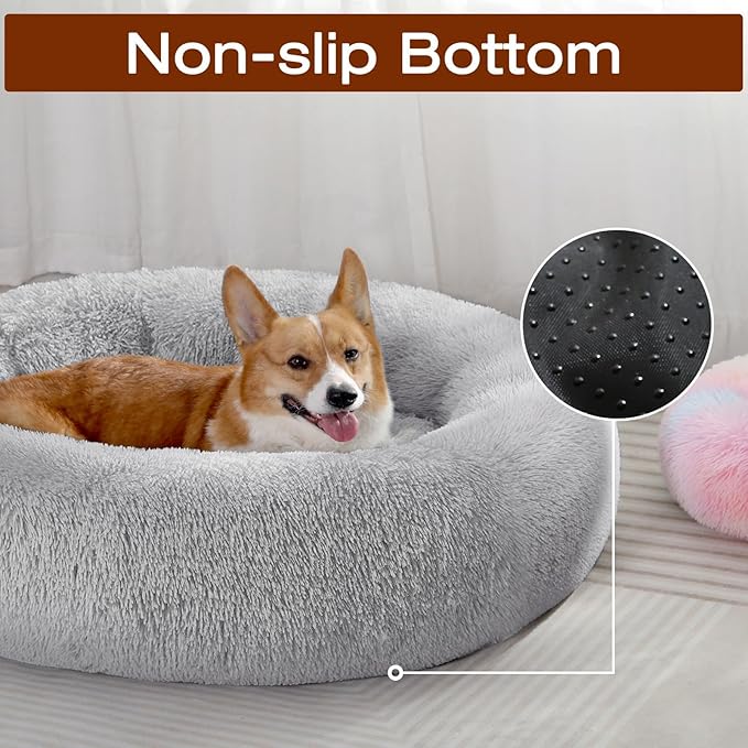 JOLLYVOGUE Dog & Cat Bed, Calming Anti-Anxiety Pet Bed for Small Dogs, Fluffy Donut Cushion for Small and Medium Pets (23")