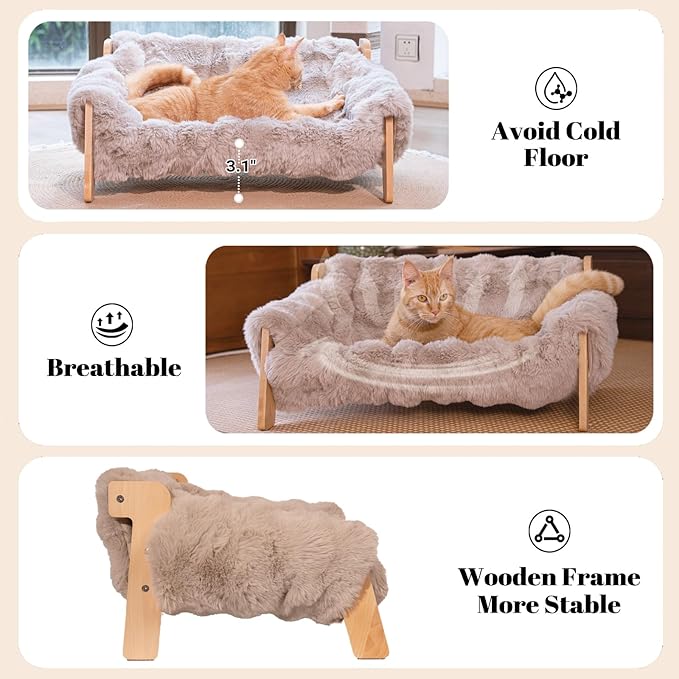 Elevated Cat Couch Bed for Indoor Cats, Wooden Cat Sofa with Removable Washable Fluffy Cover Raised Kitty Lounge Chair Suitable for Puppy(Cat Sofa Khaki)
