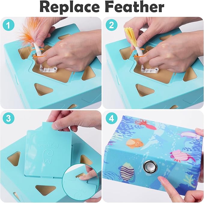 Migipaws Automatic MigiBox Cat Toys 3 n1 Interactive Pounce Mystery Under PopSkin 7 Holes Cardboard Kitten Toys for Indoor Rechargable 6 Accessories(Blue)