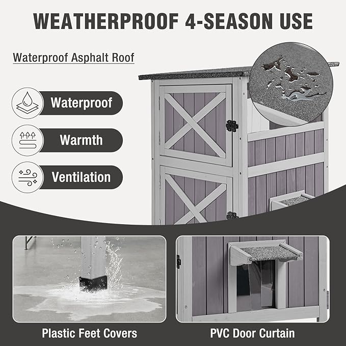 Outdoor Cat House Weatherproof, Heated Feral Cat House with Insulated Liner, 2-Storys Wooden Stray Cat Shelter for Winter