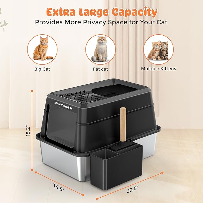 URPOWER Stainless Steel Cat Litter Box with Lid Extra Large Enclosed Litter Box for Cats Non-Sticky Metal Pan with High Sided Enclosure & Scoop, Front & Top Entry, Anti-Leakage, Easy Cleaning