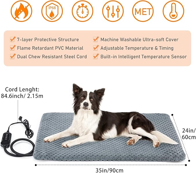 INVENHO Pet Heating Pad for Cats & Dogs, Waterproof, Adjustable Temp with Timer, Electric Pad (L: 35" x 24")