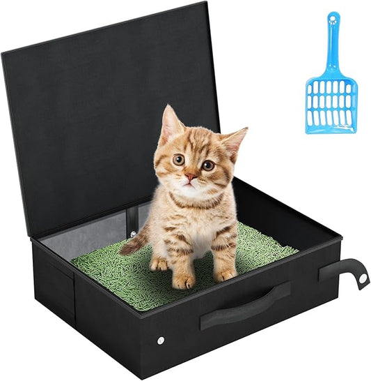 Portable Travel Cat Litter Box for Cats with Lid,Leak-Proof Waterproof Foldable Kitty Litter Box, for Cat Travel Essentials, Hotel, Airplane and Other Outdoor Use(Black)