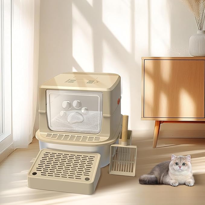 Stainless Steel Cat Litter Box with Lid, 3 in 1 Removable Litter Box for Big/Multiple Cats, High Sides Kitty Litter Pan, Leak-Proof XL Extra Large Enclosed Metal Litter Pan Easy Clean with Scoop & Mat