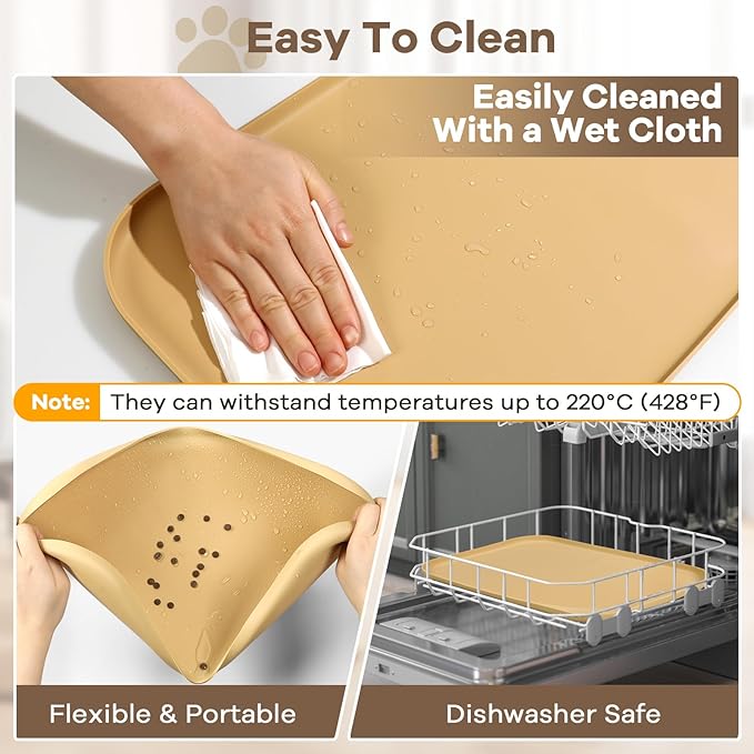 Silicone Pet Feeding Mat with Raised Edge & Residue Collection Pocket for Food and Water, Dog Bowl Mats, Cat Bowls Placemat with High Lip for Floor Waterproof, 19 x 12 x 0.7 Beige