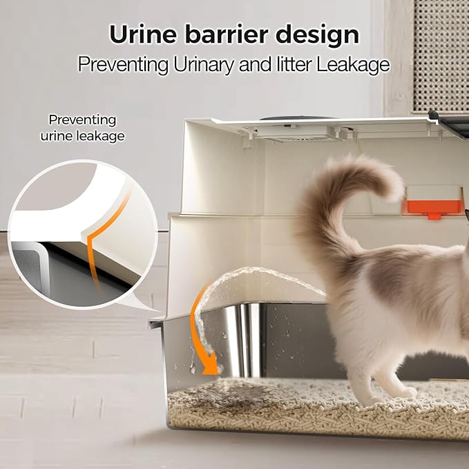 XXXL Stainless Steel Litter Box with Lid,28" L x 20.5" W x 16.5" H Extra Large Cat Litter Box Enclosure for Large and Multi-Cats Families,Non-Sticky, Anti-Leakage, Easy to Clean(White)