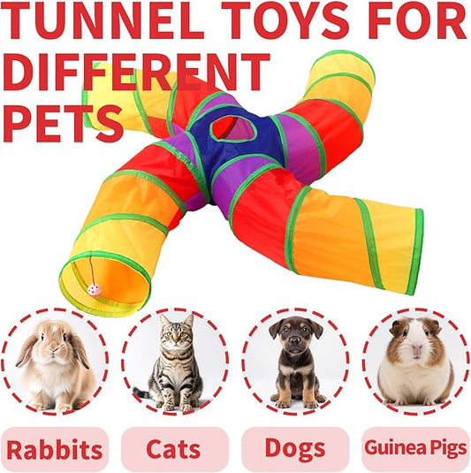 ‌Coolcandy Cat Tunnel & Interactive Cat Toy Indoor, Curved 4 Way Tunnel Toys for Indoor Cats, Collapsible Interactive Peekaboo Cave with Play Ball, for Multi-Way Play & Small Animals
