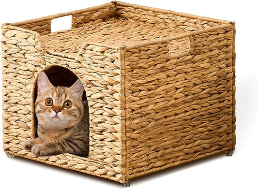 Cat Houses for Indoor Cats, Handwoven Cat Cave Pet Cube, Natural Pet Cat House, Cat Beds with Double-Sided Mat, Cat Condo Hideaway in Living Room Bedroom