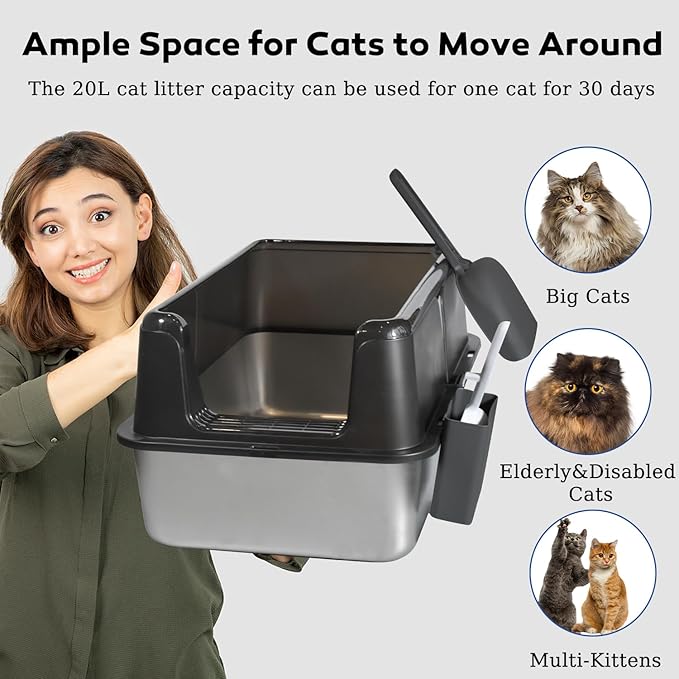 Stainless Steel Litter Box with Lid, 24" XL Extra Large High-Sided Metal Cat Litter Box for Multiple Cats,Anti-Leakage & Non-Stick, Easy to Clean, Includes 2 Scoops&Deodorizer Box, Black
