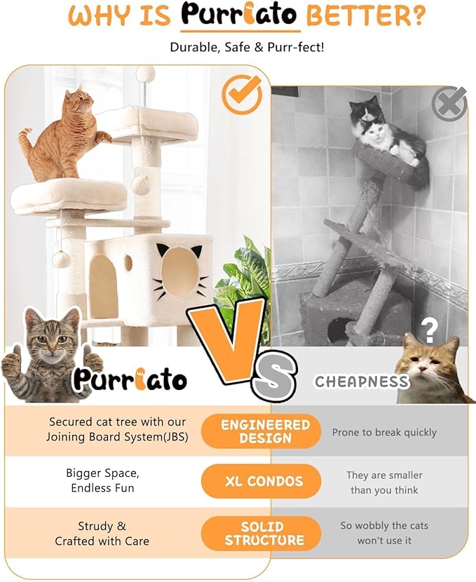 66in Multi-Level Large Cat Tree Tower for Indoor Cat/Kitties, Mordern Cat Tower with Sisal Scratching Posts, Condos and Hammock, Perches, Ramp for Climbing Heavy Duty