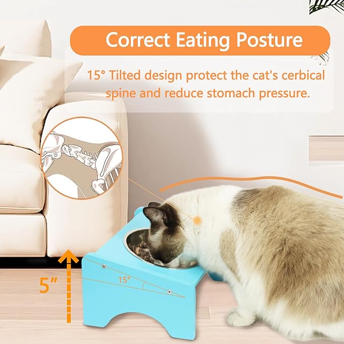 Elevated Cat Bowls,2 Stainless Steel Pet Food Water Feeder,15°Tilted Raised Pet Dish, Slanted Dog Bowl with Wood Stand for Kitty and Puppy,Wide 5.51" (Pink)