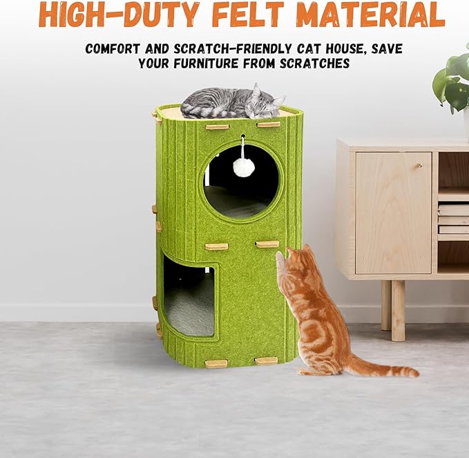 Homegroove Cat House for Indoor Cats, 2-Storey Cozy Felt Cat Bed Cave with Tunnel Hideaway, Large Multi-Cat Condo for Rest & Play (Green, Large)