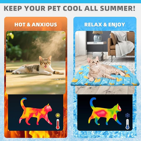 KOOLTAIL Cat Cooling Mat, Upgraded Two Sided Cooling Pad for Dogs Cats Puppy, Soft Pet Sleeping Blanket Keep Cool in Summer with Cute Duck Pattern, Washable Waterproof for Crate Sofa Bed, Blue S