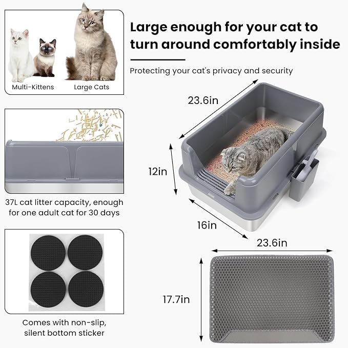 Stainless Steel Litter Box for Cats - Durable Open Design, High-Sided, Non-Stick Tray for Mess-Free Indoor Use, Multi-Pet Friendly for Rabbits, Guinea Pigs, and Small Pets