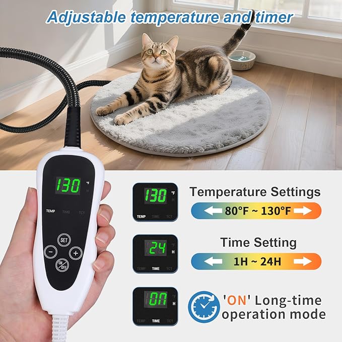 Cat Heating Pad, 16 in Round Pet Heating Pad,Cat Blankets for Indoor Cats Smart Temperature Control Switch Electric Steel Wire Protection Tube Plush Fabric Cover - Grey