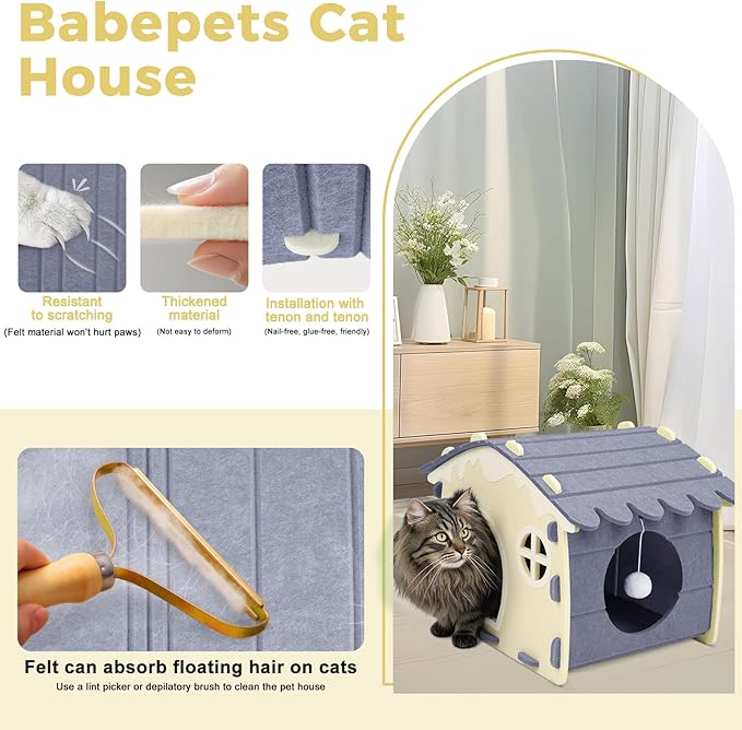 Babepets Cat House for Indoor Cats, Medium Felt Bed Cave with Ball Hanging, Foldable Detachable Cats Condo, Scratch Resistant Hideaway for Multiple Pets up to 20Lbs, House Type Cat Playhouse, Grey