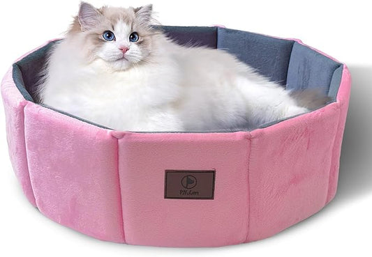 Cat Bed Kitten Bed, Washable Round Cat Beds for Indoor Cats, Super Soft Faux Rabbit Fur Small Kitten Bed for Puppy and kitten, Fluffy Inner Mat Filling Memory Foam with Anti-Slip Bottom (Pink)