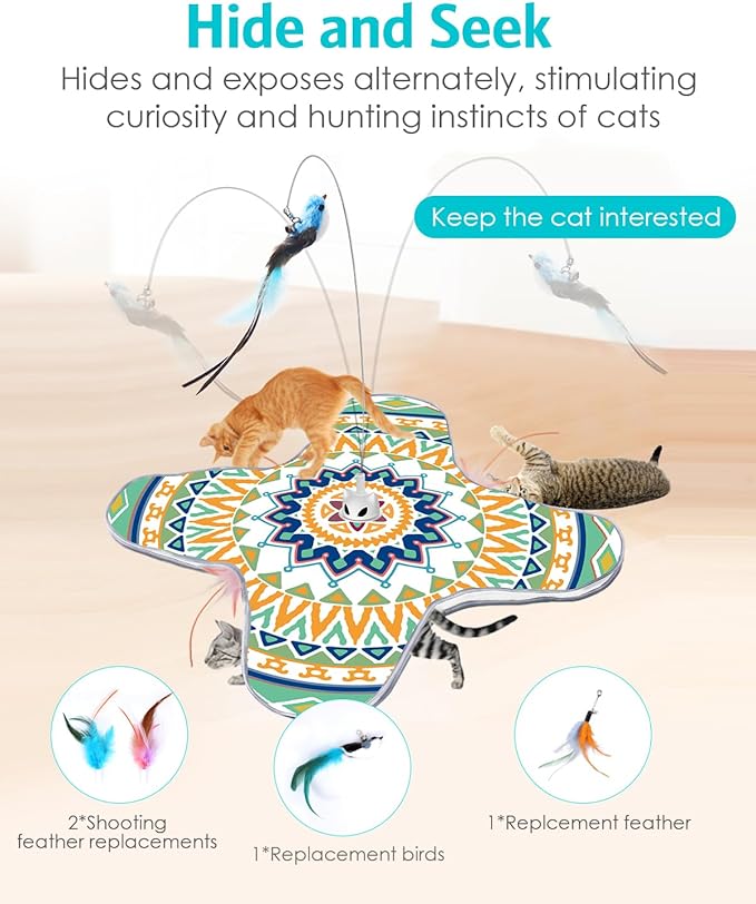 Interactive Cat Toy, Rechargeable Cat Toys for Indoor Cats, Automatic Cats Chasing Toy, Hide & Seek, 2 Modes, Self-Holding Suction Base, 3-in-1 Feather Toys with 1 Teaser Pole, 4 Replacements
