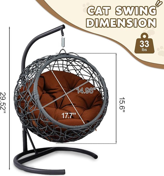 Cat Swing Bed with Stand & Cushion - Rattan Wicker Design, Indoor/Outdoor Hanging Hammock for Cats and Small Pets, Brown