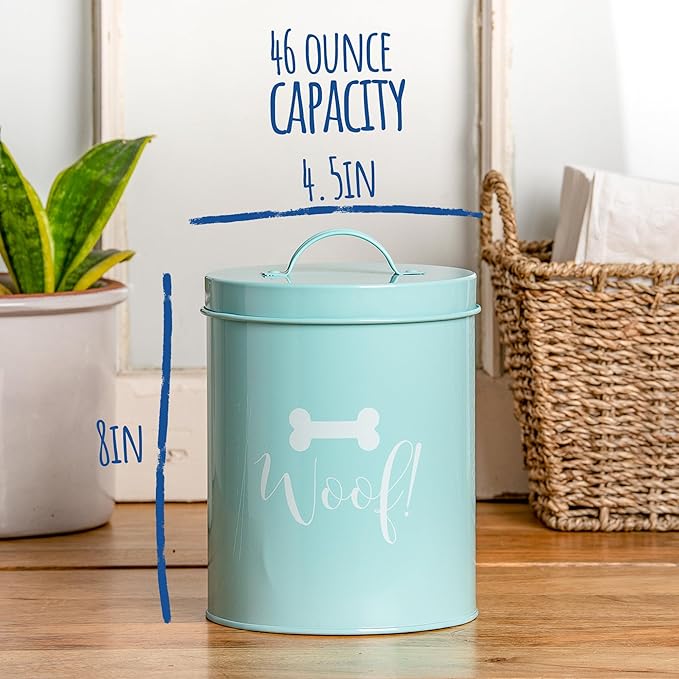 Park Life Designs - Metal Pet Treat Jar with Airtight Lid for Dogs, Cats, Puppies and More, Chic Kitchen Countertop Container for Cookies, Biscuits and Treats (Jasper, Powder Blue, 1.4 Qt)