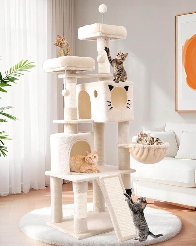 66in Multi-Level Large Cat Tree Tower for Indoor Cat/Kitties, Mordern Cat Tower with Sisal Scratching Posts, Condos and Hammock, Perches, Ramp for Climbing Heavy Duty