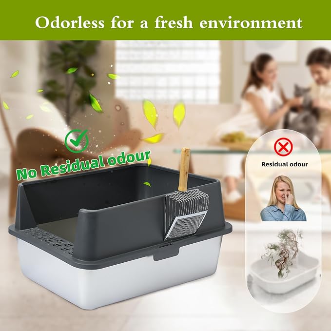 Stainless Steel Litter Box X-Large Enclosed Metal Cat Litter Box for Big Cats with Lid Litter Mat Metal Scoop Long Lasting Odor Free Easy Clean Non-Sticky High Sided Anti-Leakage Grey XL